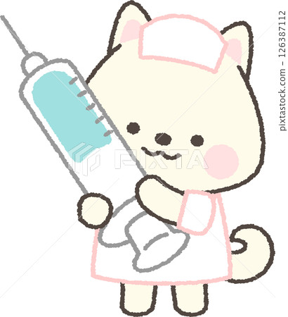 拿著注射器的白色柴犬護士 拿著注射器的白色柴犬護士 126387112