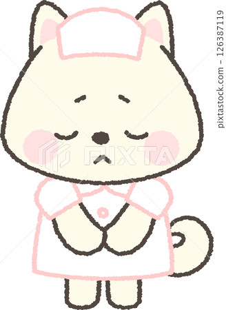 A white Shiba Inu nurse bowing apologetically A white Shiba Inu nurse bowing apologetically 126387119