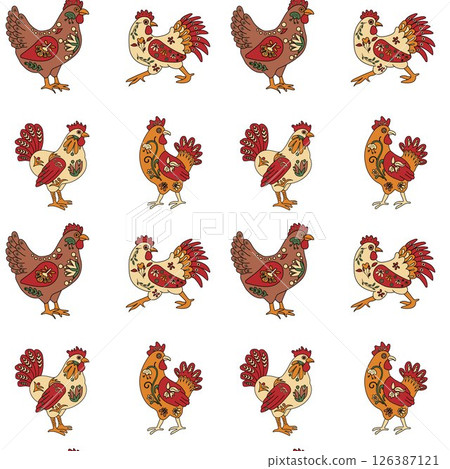 Seamless pattern with colorful ornamental roosters in traditional Mexican alebrije folk art style with intricate patterns and vibrant colors	 126387121