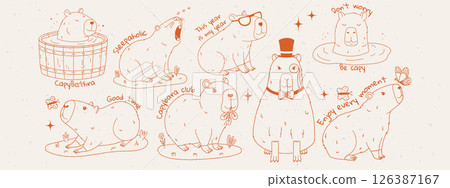 Cute capybara set with text. Set of rodent characters swimming in pond, relaxing, playing, eating. Charcoal or chalk drawing. Hand drawn vector illustration. 126387167