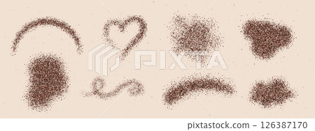 Coffee powder abstract shapes set. Realistic 3D chocolate dust and granule splashes in various forms. Heart, wave, spot, and swirl. 126387170