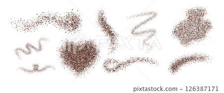 Set of coffee dust and cocoa powder forms. 3D scattered granules in shapes - heart, wave, blob, and curve. 126387171