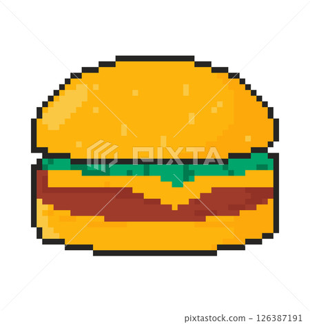 8 bit burger icon. Pixel art object. Old school vintage game graphic. 126387191