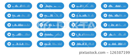 Voice message interface with play, pause buttons and sound waves. Waveform pattern for music player, podcasts, mobile voice message, streaming. 126387199