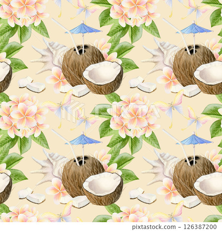 Watercolor coconut cocktails seamless pattern with plumeria flowers, butterflies and seashells on pastel beige. Summer tropical repeat background with fresh fruit drink for vacation and beach designs 126387200