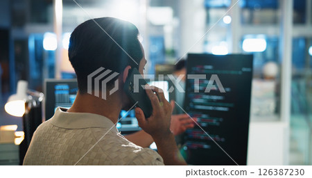 Office, man and developer with computer screen for phone call, coding consulting and back with contact. Night, business person and programmer with mobile for IT support, talking and software update Office, man and developer with computer screen for phone call, coding consulting and back with contact. Night, business person and programmer with mobile for IT support, talking and software update 126387230