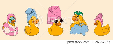 A set of rubber ducks enjoying a spa day, featuring scenes with towels, shower caps, bubbles, and calm expressions. A set of rubber ducks enjoying a spa day, featuring scenes with towels, shower caps, bubbles, and calm expressions. 126387233