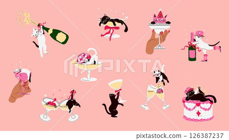 Cute Cartoon Cats in Cocktail Glasses. Party Pose Pack 126387237