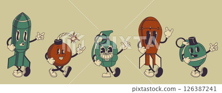 Groovy Cartoon Rocket Grenade and Bomb Characters Groovy Cartoon Rocket Grenade and Bomb Characters 126387241