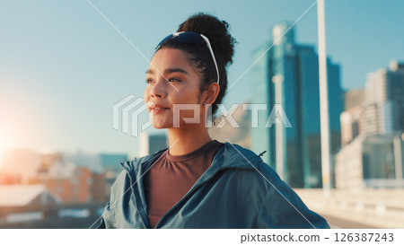 Break, fitness and thinking with woman in city for recovery from cardio training or running. Exercise, goals and ideas with athlete or runner outdoor in urban town for sports, vision or workout 126387243