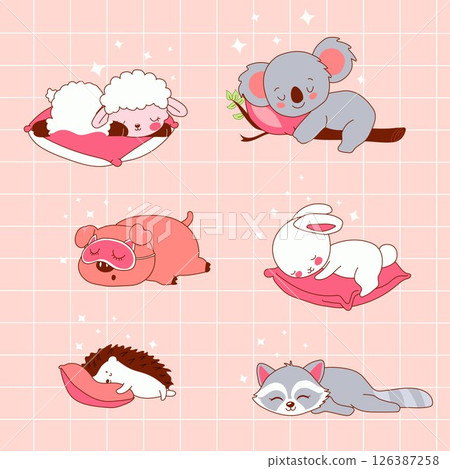 Sleepy Time Animal Characters. Cozy Cartoon Bedtime Set 126387258