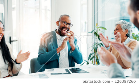 Business people, excited and team clapping in office for success, celebrate or laugh for financial profit. Group applause, cheers and achievement of goal, excellence or well done with investment deal 126387260
