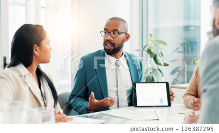People, explain and tablet screen for finance meeting with budget review, financial stats and graphs. Speaker, digital and charts for proposal, pitch information and profit report for company revenue 126387295