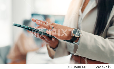 Business, hands and tablet with person in office for corporate research or online planning. App, development and information with employee in professional workplace to connect or scroll for update Business, hands and tablet with person in office for corporate research or online planning. App, development and information with employee in professional workplace to connect or scroll for update 126387310