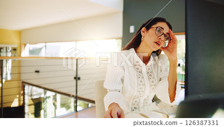 Remote work, woman and computer in home with headache, internet error and frustrated with mistake. Mature entrepreneur, glasses and reading at tech for problem solving, tension and business challenge Remote work, woman and computer in home with headache, internet error and frustrated with mistake. Mature entrepreneur, glasses and reading at tech for problem solving, tension and business challenge 126387331