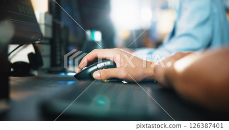Computer, programmer and mouse with hands of person in office for game designer, coding app and ux update. Software development, graphics upgrade and level gameplay with closeup of employee in agency Computer, programmer and mouse with hands of person in office for game designer, coding app and ux update. Software development, graphics upgrade and level gameplay with closeup of employee in agency 126387401