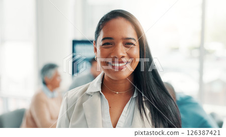 Portrait, smile and business woman in office as corporate compliance officer in meeting. Happy worker, professional and confident employee coworking with policy development coordinator with ambition 126387421