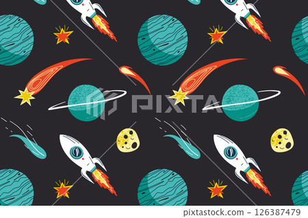 Seamless kids space pattern with rockets, planets, stars, comets and asteroids. Playful cartoon design for textiles, vector illustration for wallpapers, books and children educational projects Seamless kids space pattern with rockets, planets, stars, comets and asteroids. Playful cartoon design for textiles, vector illustration for wallpapers, books and children educational projects 126387479