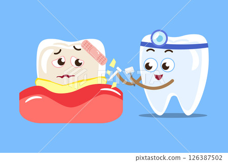 Dental scaling . Tooth in dentist uniform is cleaning tartar . Cartoon characters . Vector . 126387502