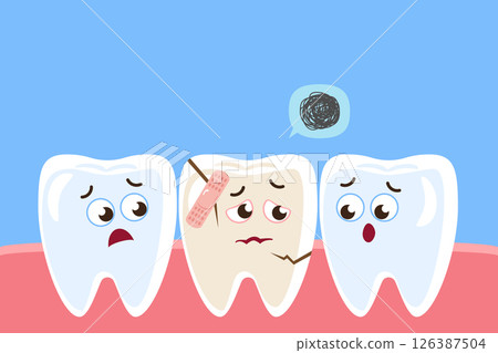 Sick tooth and healthy teeth cartoon characters . Dental health concept . Vector . Sick tooth and healthy teeth cartoon characters . Dental health concept . Vector . 126387504