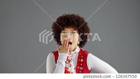 Woman, portrait and surprise news in studio, wow reaction or expression with retro fashion alert on gray background. Shock, announcement or vintage clothes sale, discount revelation and mind blown Woman, portrait and surprise news in studio, wow reaction or expression with retro fashion alert on gray background. Shock, announcement or vintage clothes sale, discount revelation and mind blown 126387550