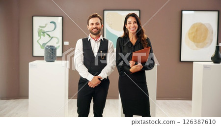 Teamwork, business people and portrait with smile for exhibition, event and gallery opening with confidence. Collaboration, man and woman as art directors for museum, creative project and file 126387610