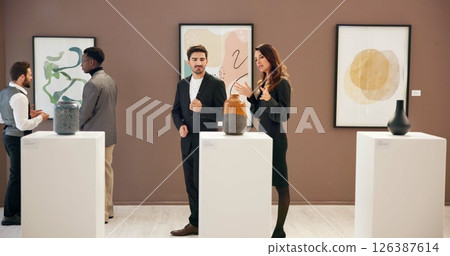 Listening, business people and talking with negotiation for exhibition, event and gallery opening with curator. Team, man and art director with client for museum, discussion and creativity project Listening, business people and talking with negotiation for exhibition, event and gallery opening with curator. Team, man and art director with client for museum, discussion and creativity project 126387614