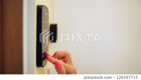 Door, password and hands on smart lock, home and keyless entry with security system for access and safety. House, electronic and person with tech for code, mockup space and keypad for remote control Door, password and hands on smart lock, home and keyless entry with security system for access and safety. House, electronic and person with tech for code, mockup space and keypad for remote control 126387713