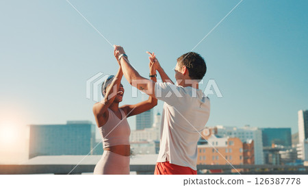 Fitness, couple and high five celebration in city for marathon success, workout teamwork or achievement. Mockup, interracial people and happy outdoor for cardio challenge, running exercise or support 126387778