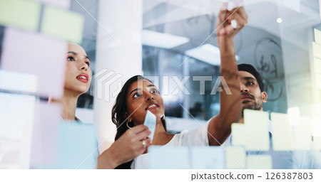 Glass wall, teamwork and business people with planning, below and conversation for social media project. Employees, low angle and PR agency with collaboration, brainstorming and feedback for proposal 126387803