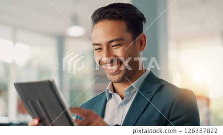 Office, businessman and smile with tablet for scroll, investment update and accountant with digital. Workplace, male person and financial analyst with technology for finance email, report and happy 126387822
