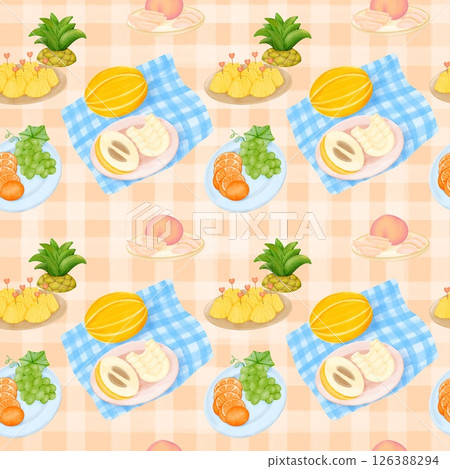 Seamless pattern with summer picnic and fruit on pastel Orange Seamless pattern with summer picnic and fruit on pastel Orange 126388294