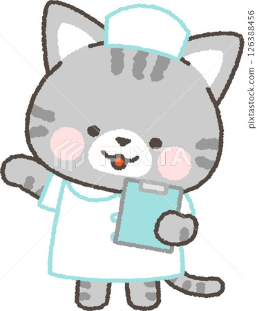 A tabby cat nurse holding a sign and giving directions A tabby cat nurse holding a sign and giving directions 126388456