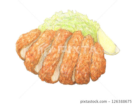 Tonkatsu served with shredded cabbage and lemon, hand-drawn watercolor 126388675