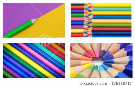 A well-structured series of colored pencil arrangements showcasing geometric contrast and vibrant hues 126388715