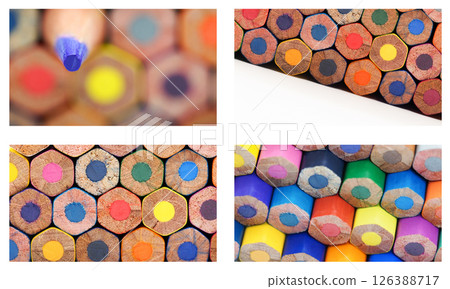 macro shots highlight the textures and hexagonal geometry of color cores of colored pencil bases 126388717