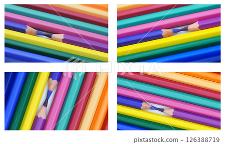 Two sharpened colored pencils meet tip to tip, surrounded by an orderly arrangement of vibrant hues 126388719