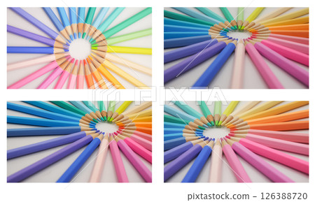 A precisely arranged circle of colored pencils forms a radiant wheel, showcasing the full color spectrum in a radial harmony. 126388720