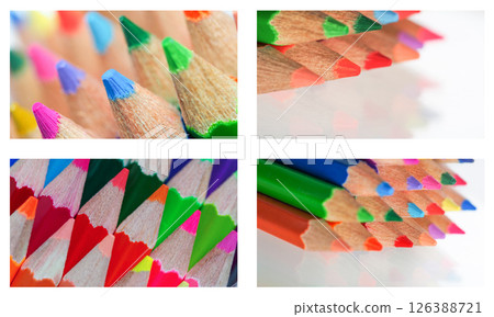 A close-up composition of sharpened colored pencil tips reveals a burst of vibrant hues and textures. 126388721
