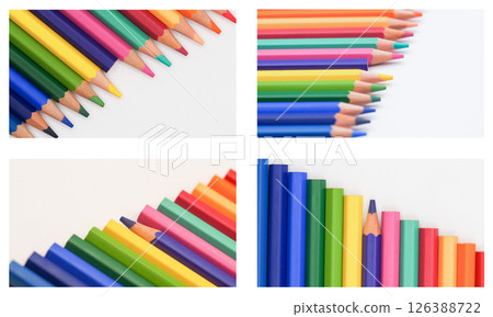 A series of colored pencils arranged in diagonal rows create a visually pleasing and orderly pattern. 126388722