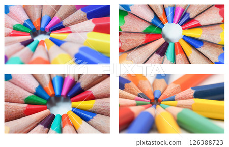 A radial arrangement of colored pencils forms a symmetrical circular pattern, symbolizing unity and diversity through vibrant hues 126388723