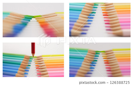 Colored pencils are arranged symmetrically from both sides, converging at a central point 126388725