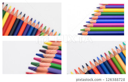 Colored pencils arranged diagonally on a white background, showcasing the simplicity of structured color. 126388728