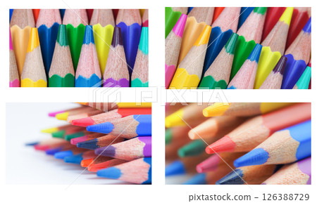 A macro view of tightly arranged colored pencil tips, highlighting the vibrant spectrum and textures of sharpened wood and pigment 126388729