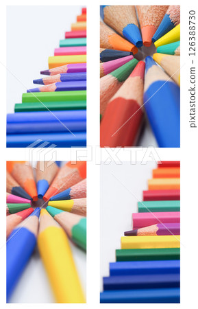 A creative arrangement of colored pencils, featuring both radial and linear layouts 126388730