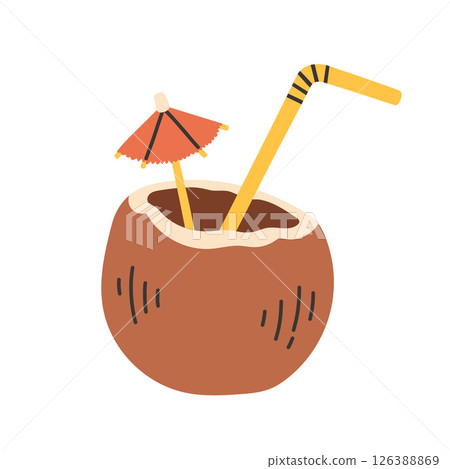 Cute hand drawn coconut with straw and umbrella. Flat simple vector illustration isolated on white background. 126388869