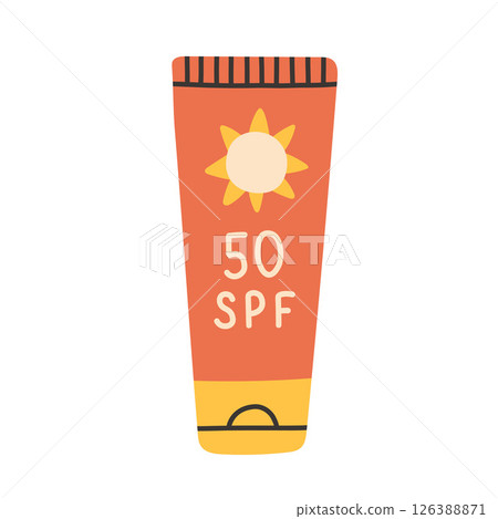 Sunscreen tube SPF 50, bold and colorful vector style illustration for skincare, summer protection, and health related visuals. 126388871