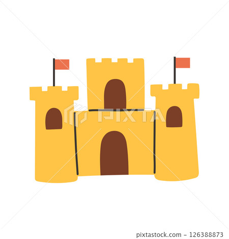 Vector illustration of a simple sandcastle with three towers, arched brown doors, and small red flags. Flat vector in warm yellow tones with clean, minimalistic lines. Vector illustration of a simple sandcastle with three towers, arched brown doors, and small red flags. Flat vector in warm yellow tones with clean, minimalistic lines. 126388873
