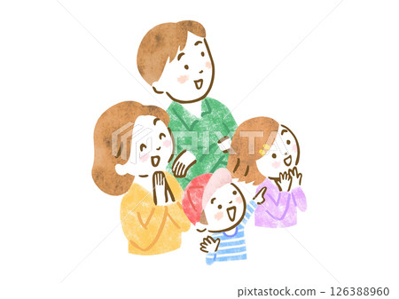 一家四口微笑著仰望天空的富有表現力的插圖 一家四口微笑著仰望天空的富有表現力的插圖 126388960