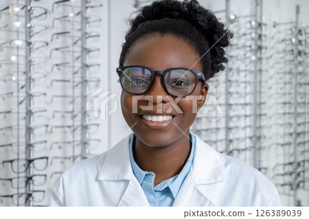 Curly-haired african american female optician in eyeglasses 126389039